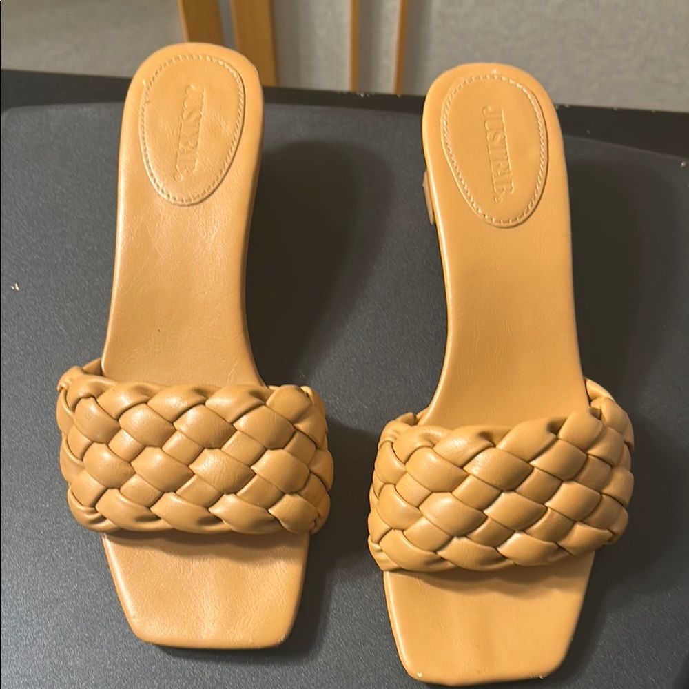 JustFab Tan Braided Slide Sandals